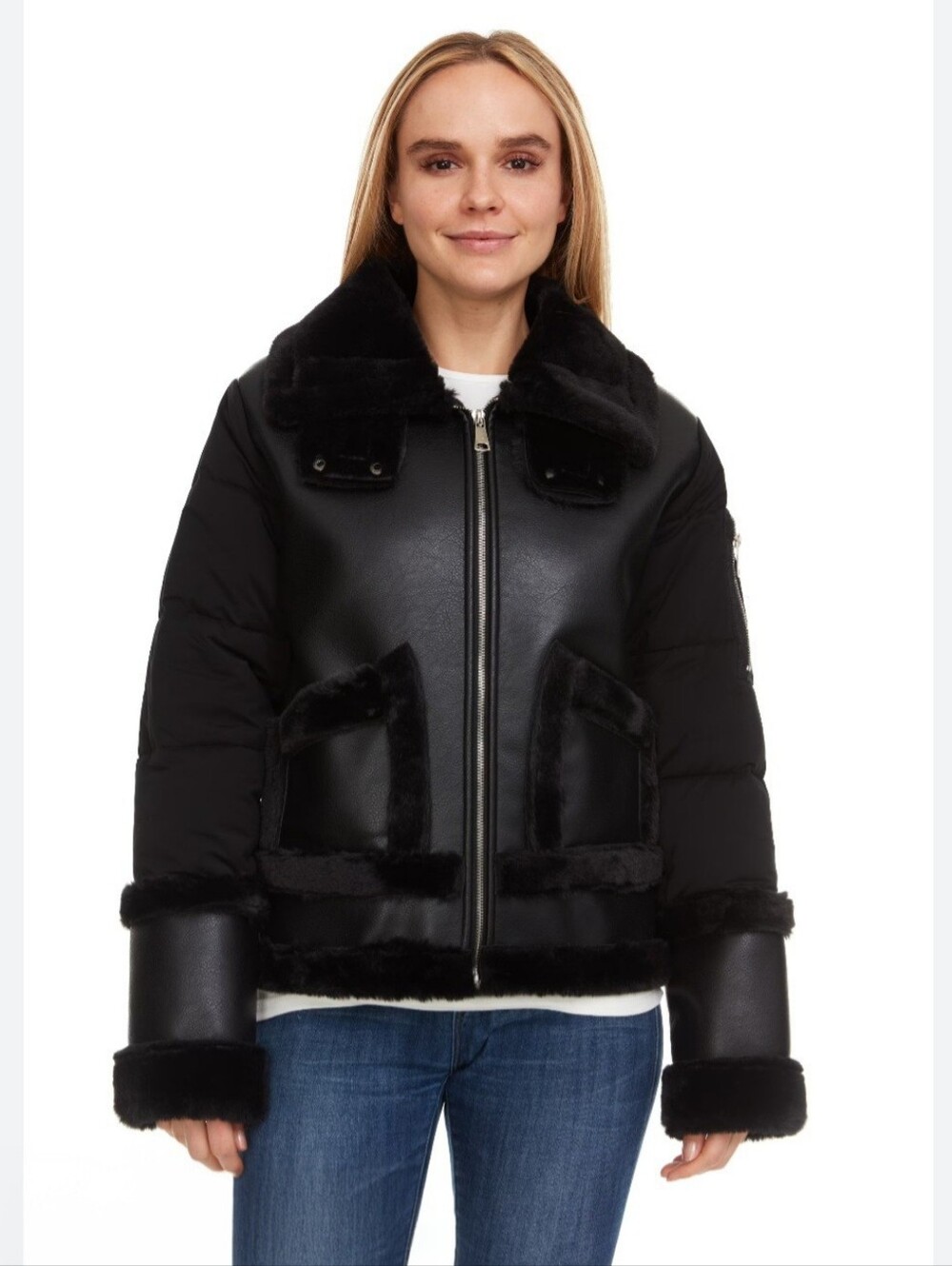 Black Celsius Women's Faux Leather and Fur Bomber Jacket. Sz Medium, NWTs